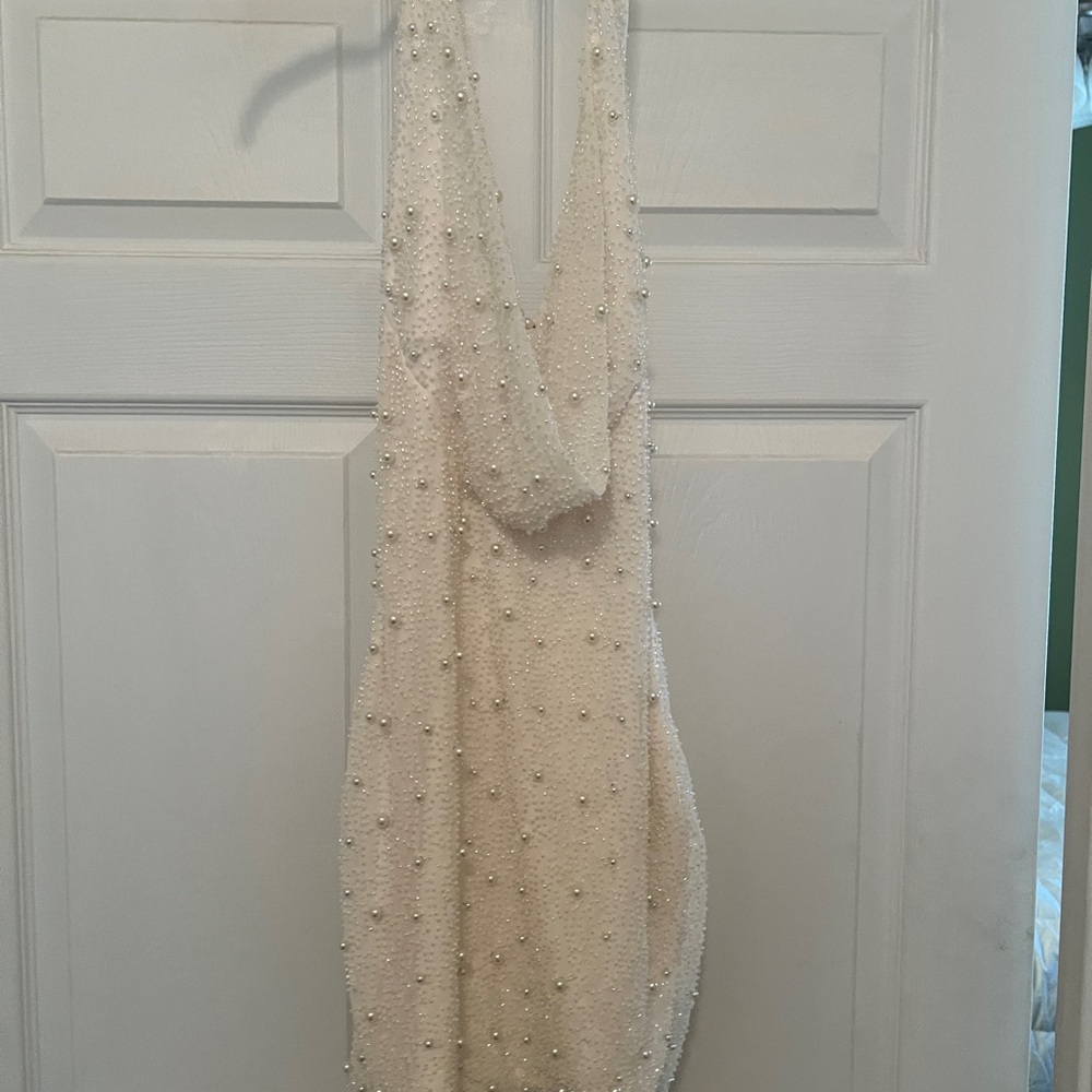 Oh Polly Ivory Pearl-Embellished Dress
